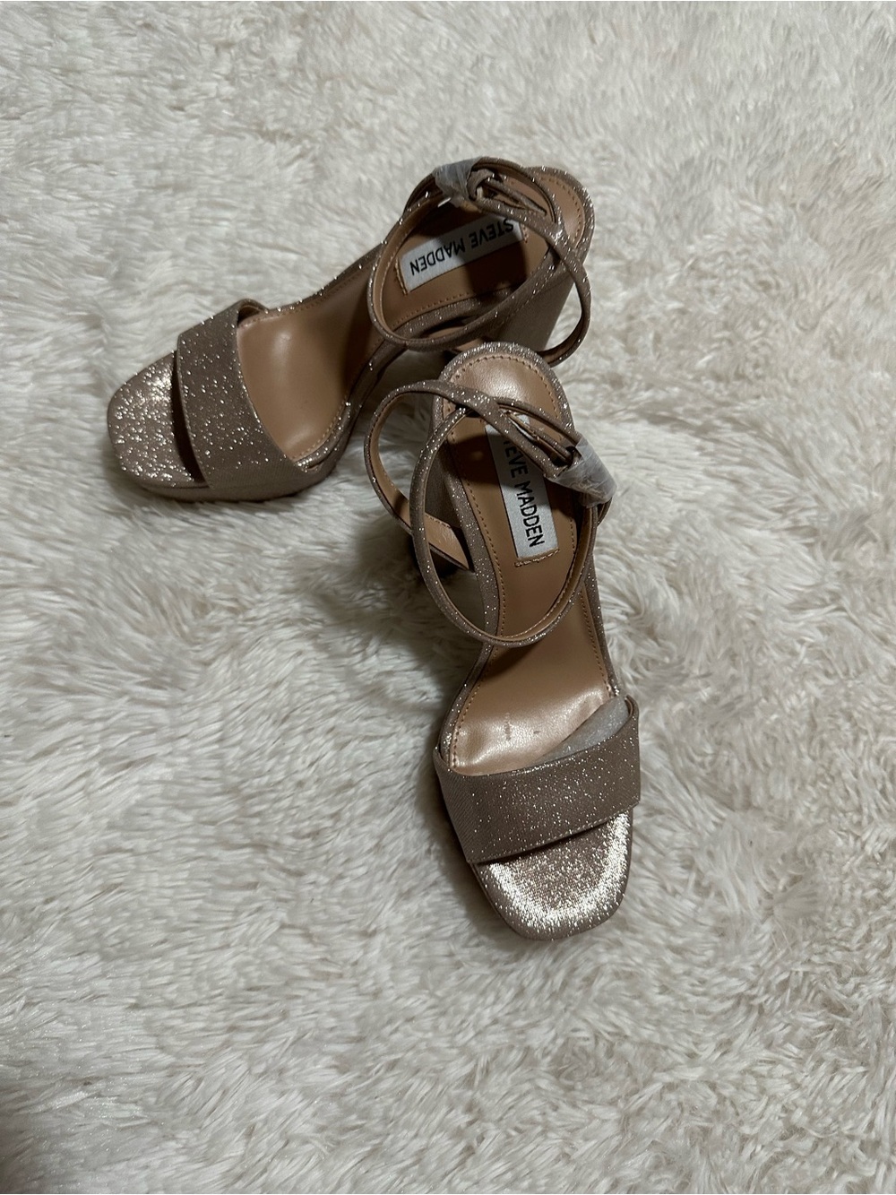 Steve Madden Glitter Ankle-Strap Block Heels in Rose - Picture 5 of 5